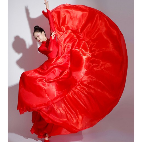 Red flamenco dance dress for women girls chinese folk costumes qipao dress modern dance paso double dance swing skirts choir dress for female